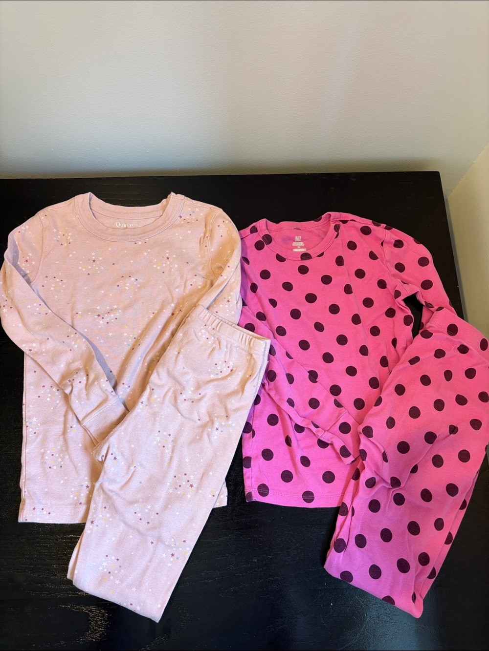 Two GapKids & Quince Organic Cotton Pink Polka Dot & Light Pink Star Pajama Sets